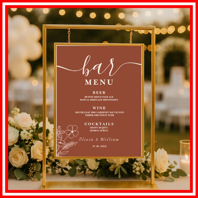 Boho Burnt Orange Wildblumen Wedding Bar Menu Poster (Von Creator hochgeladen)