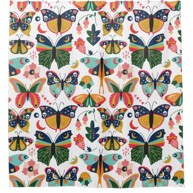 Boho Butterflies: Nahtloses Tapetenmuster. Duschvorhang (Vorderseite)