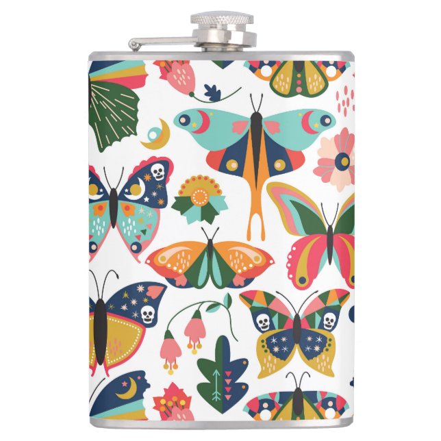 Boho Butterflies: Nahtloses Tapetenmuster. Flachmann (Vorderseite)