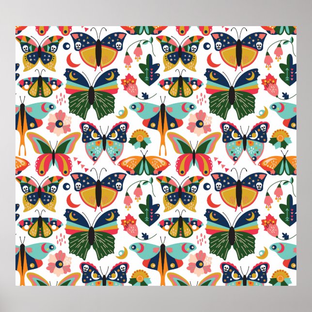 Boho Butterflies: Nahtloses Tapetenmuster. Poster (Vorne)