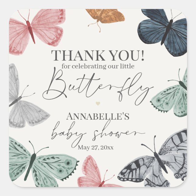 Boho Butterfly Baby Dusche Party Dessert Gefallen Quadratischer Aufkleber (Vorderseite)