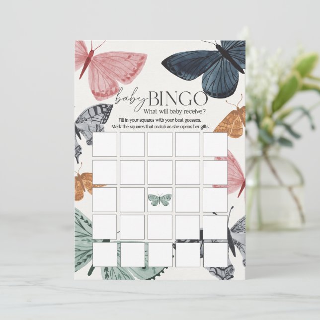 Boho Butterfly Baby Shower Baby Bingo Game Einladung (Stehend Vorderseite)