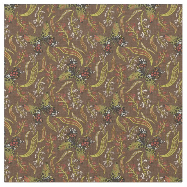 Boho Butterfly Brown Floral Pattern Stoff (Nahaufnahme)