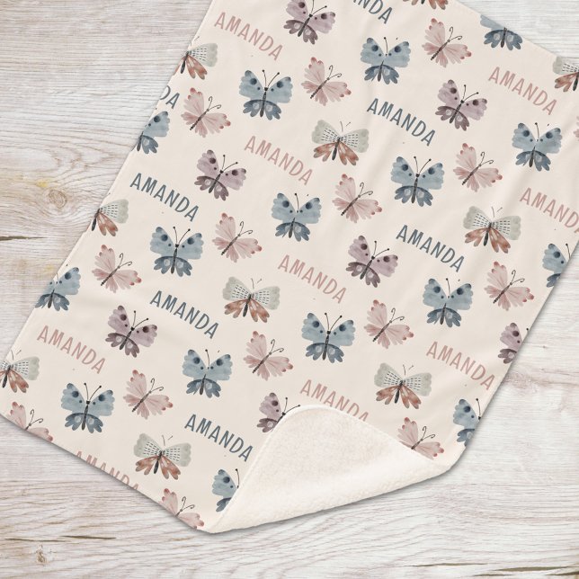 Boho Butterfly Fun Geschenk für Kinder mit Namen Sherpadecke (Sherpa Blanket for kids. Boho Butterfly pattern All over name, Personalized gift for girls, Kids 
)
