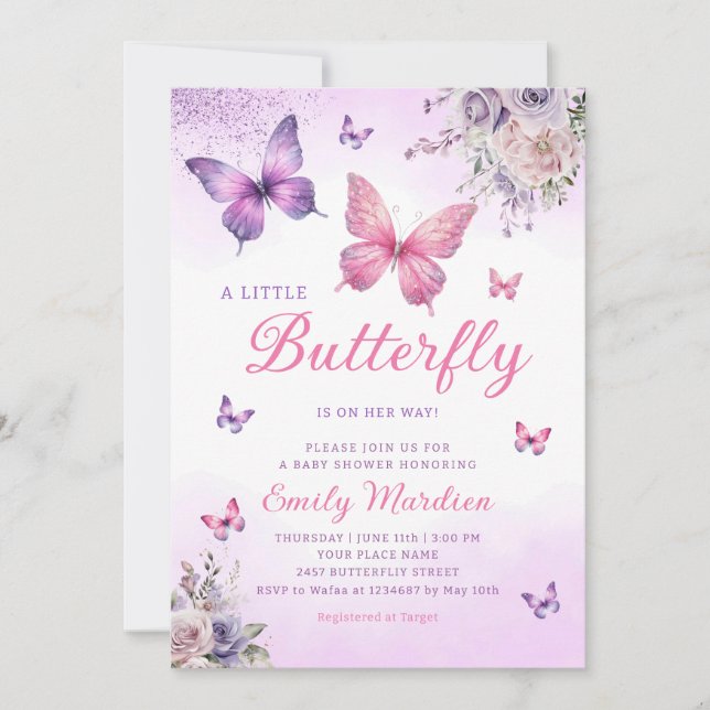 Boho Butterfly Girl Dusche Lila Blütenrosa Einladung (Vorderseite)