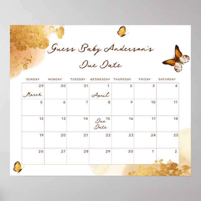 Boho Butterfly Guess Baby Due Date Calendar Poster (Vorne)