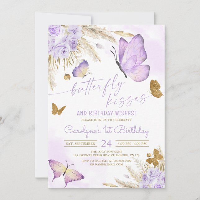 Boho Butterfly Kisses und Birthday Wünsche Einladung (Vorderseite)