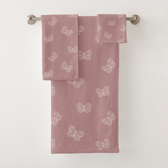 Boho Butterfly Pattern Neutral Modern Pink Mauve Badhandtuch Set (Insitu)