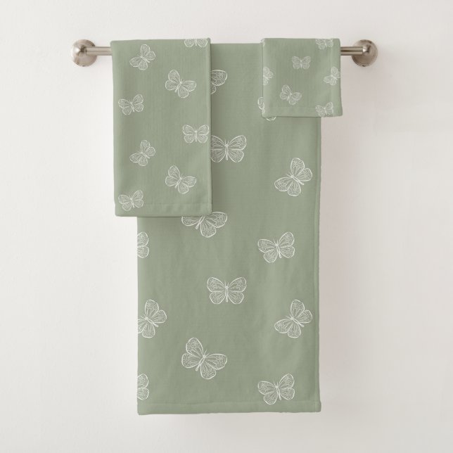 Boho Butterfly Pattern Neutral Modern Sage Green Badhandtuch Set (Insitu)