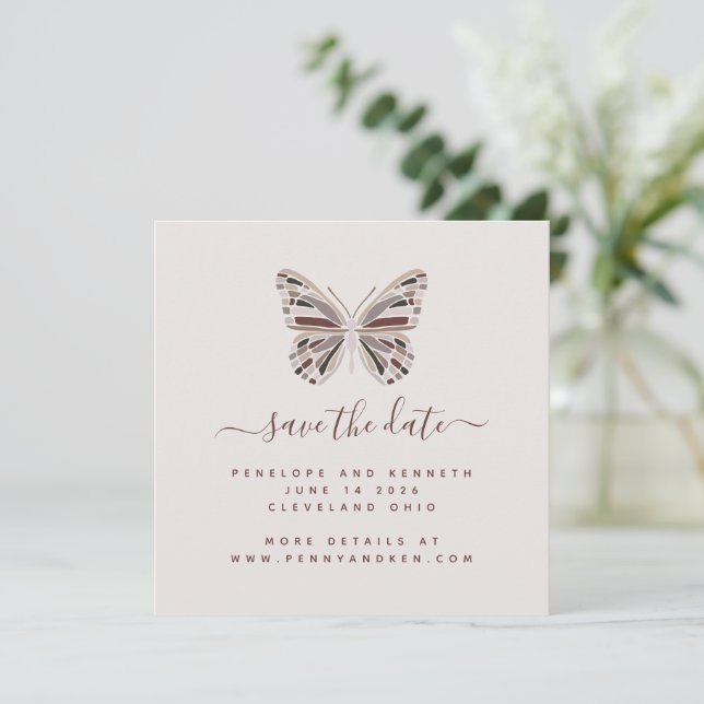 Boho Butterfly | Stilvolle Burgund und Taupe Save The Date (Stehend Vorderseite)