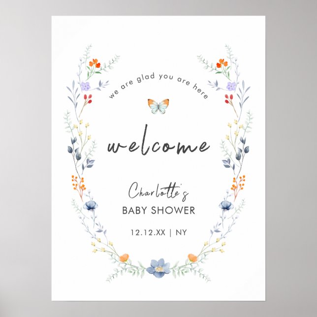 Boho Butterfly Wildblume Baby Dusche Willkommen Poster (Vorne)