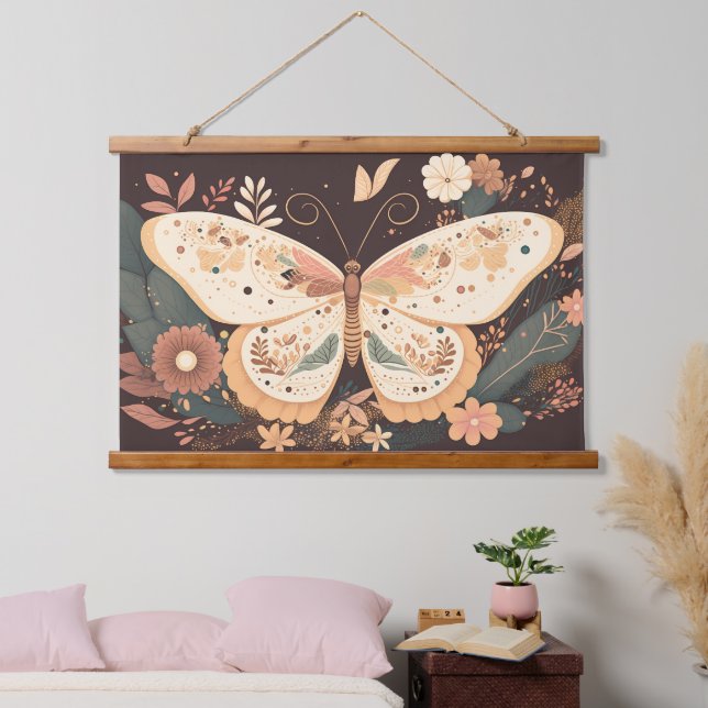 Boho Butterfly Wood Topped Wall Tapestry Wandteppich Mit Holzrahmen (Schlafzimmer)