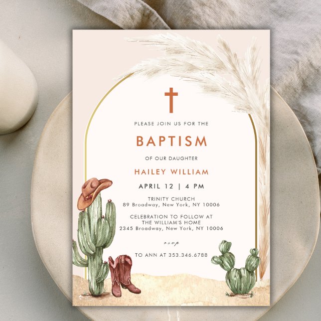 Boho Cactus Arch Desert Cowboy Cross Taufe Einladung (Boho Cactus Arch Desert Cowboy Cross Baptism Invitation)