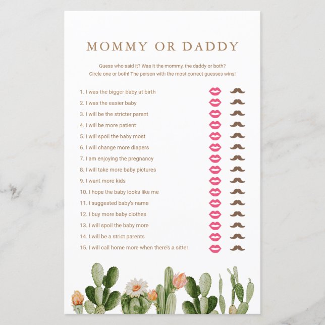Boho Cactus Baby Shower Mommy oder Daddy Game (Vorderseite)