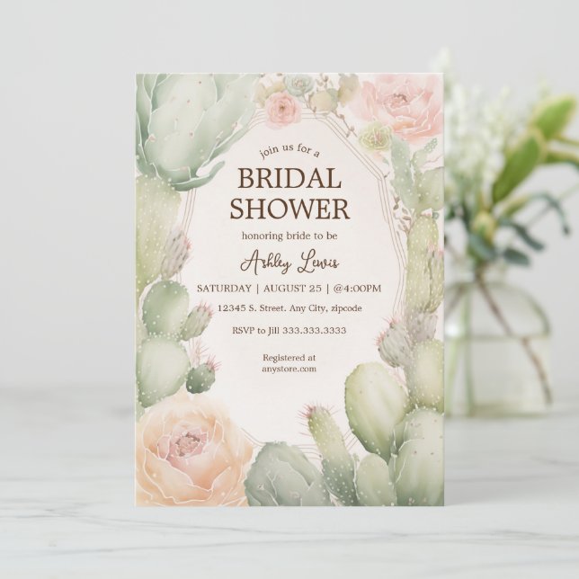 Boho Cactus Bridal Shower Einladung (Stehend Vorderseite)