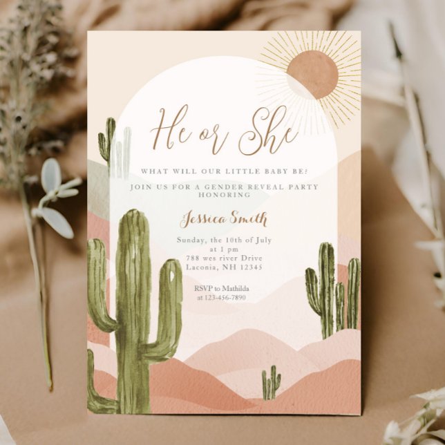 Boho Cactus Dessert He or She Gender Reveal Einladung (Von Creator hochgeladen)