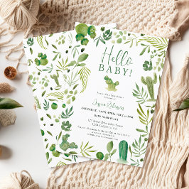 Boho cactus green gender neutral hello baby shower einladung