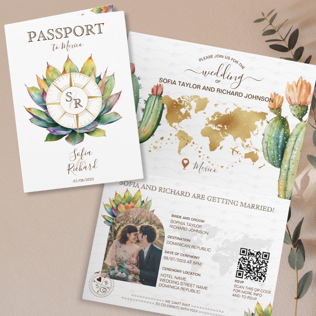 Boho Cactus Hochzeit in Urlaubsort Passport QR Cod Einladung (Von Creator hochgeladen)