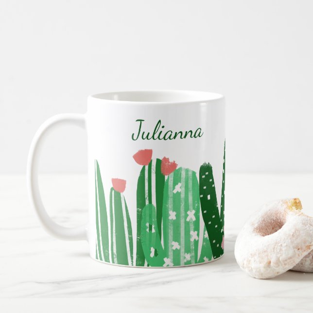 Boho Cactus Painting in Green Personalisiert Kaffeetasse (Mit Donut)