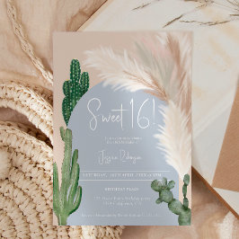 Boho cactus pampas arch blue earth tone Sweet 16 Einladung