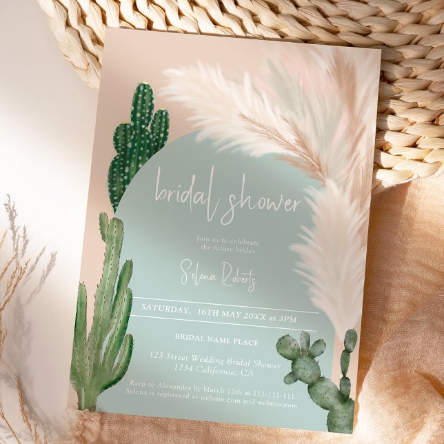 Boho cactus pampas arch green Brautparty Einladung (Boho cactus pampas arch green bridal shower invitation)