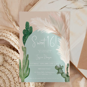 Boho cactus pampas arch green earth tone Sweet 16 Einladung