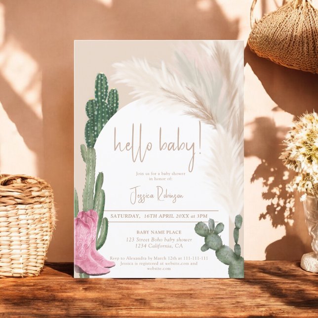 Boho cactus pampas arch hello baby dusche einladung (Boho cactus pampas arch hello baby shower invitation)
