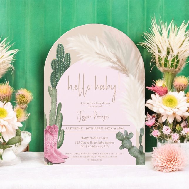 Boho cactus pampas arch hello baby dusche einladung (Boho cactus pampas arch hello baby shower invitation)