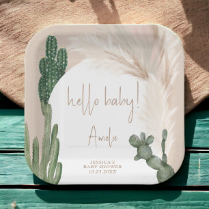 Boho cactus pampas arch hello baby dusche pappteller