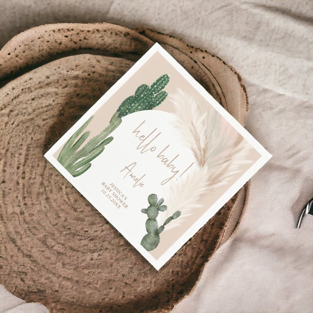 Boho cactus pampas arch hello baby dusche serviette (Boho cactus pampas arch hello baby shower napkins)