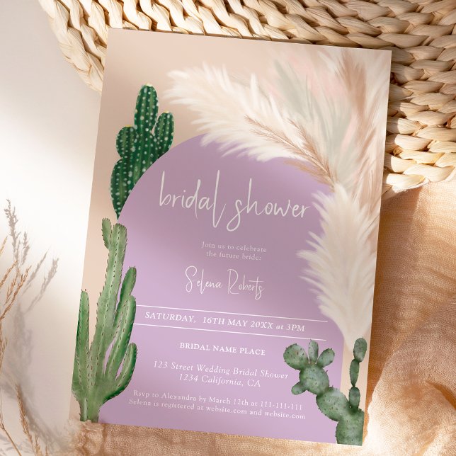 Boho cactus pampas arch lila Brautparty Einladung (Boho cactus pampas arch purple Bridal shower Invitation)