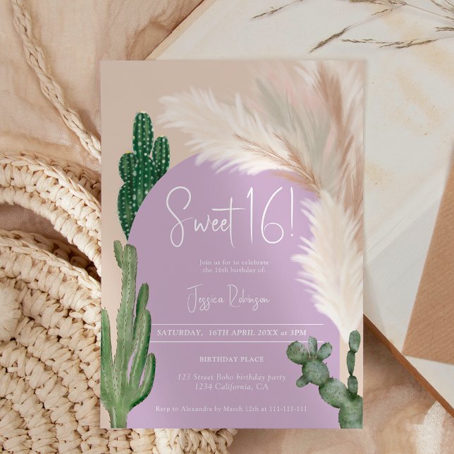 Boho cactus pampas arch lila earth tone Sweet 16 Einladung (Boho cactus pampas arch purple earth tone Sweet 16 Invitation)