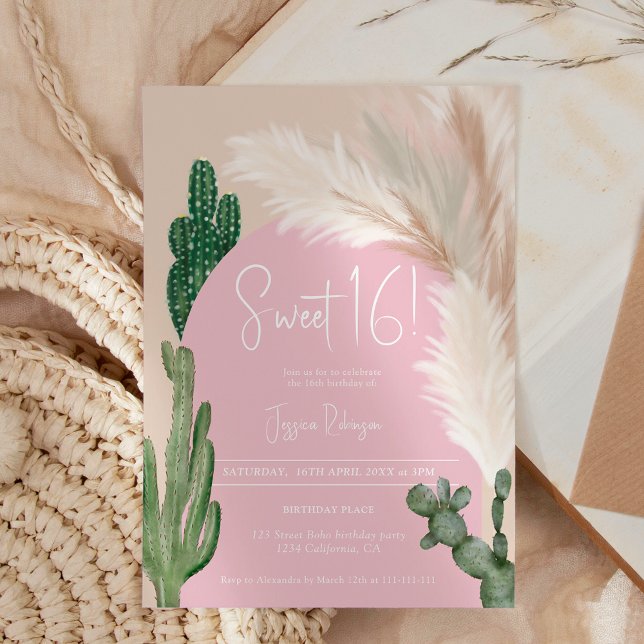 Boho cactus pampas arch pink earth tone Sweet 16 Einladung (Boho cactus pampas arch pink earth tone Sweet 16 Invitation)