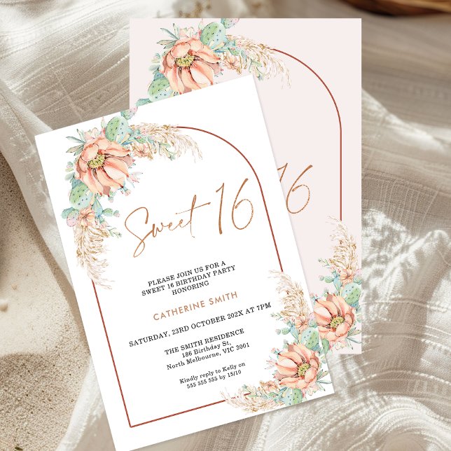 Boho Cactus Pampas Grass Sweet 16 Geburtstag Einladung (Boho Floral Sweet 16 Birthday Invitation, Modern Arch, pampas Grass, Cactus Floral, 16th Birthday )