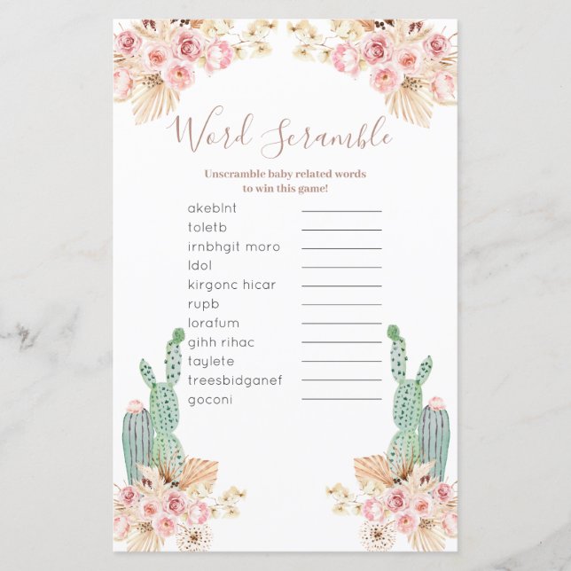 Boho Cactus Pink Floral Word Scramble Game (Vorderseite)