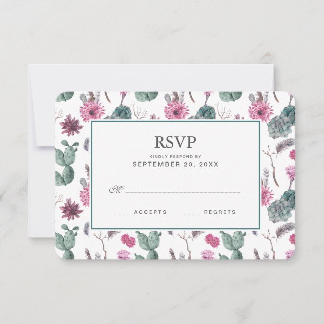 Boho Cactus, succulent & floral - Wedding RSVP Karte (Vorderseite)
