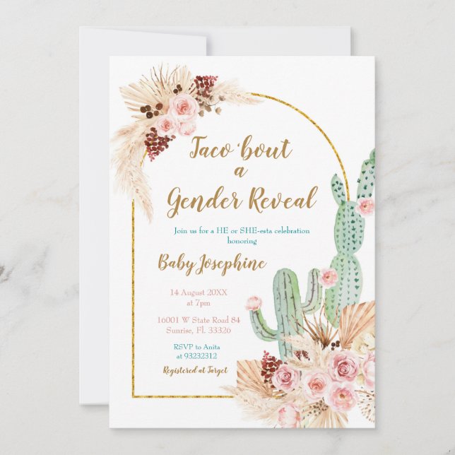 Boho Cactus Taco über Liebe Gender Reveal Einladung (Vorderseite)