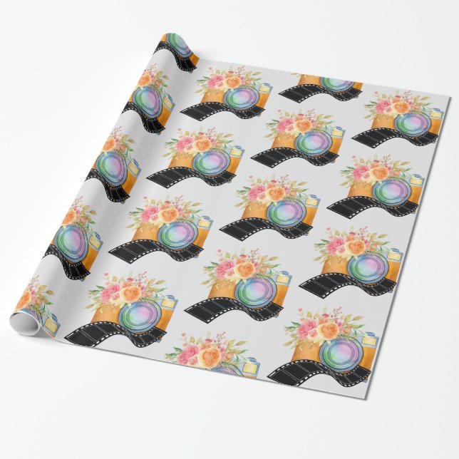 Boho Camera & Florals Wasserfarben Muster Geschenkpapier (Ungerollt)