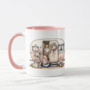 Boho-Camper mit Blumenkranz und Pastell-Rosa Tasse