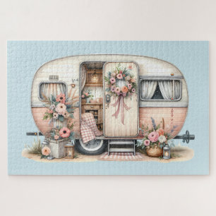 Boho-Camper mit Blumenkranz und Pastellrosa Puzzle