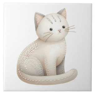 Boho Cat Keramik Tile bestickt Beige Kitty Fliese