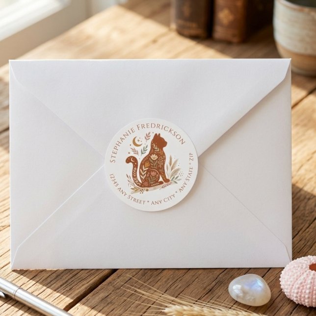 Boho Cat Lover New Home Floral Celestial Art Runder Aufkleber (Boho cat lover return address label)