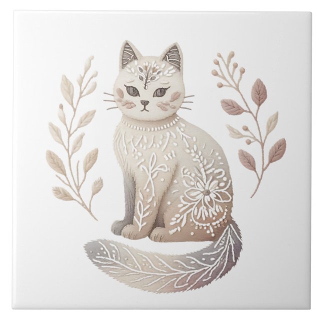 Boho Cat Minimalistisch Feline Decorative Kunst Fliese (Vorderseite)