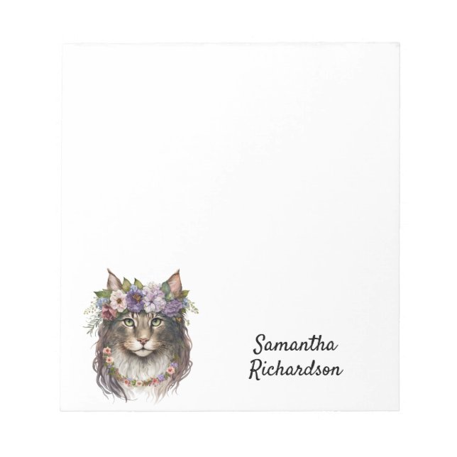 Boho Cat Personalisiert Watercolor Floral Notizblock (Vorderseite)
