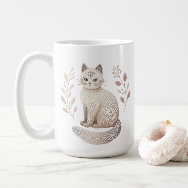 Boho Cat Tasse Eleganter Minimalistischer Feline C (Mit Donut)