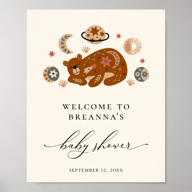 Boho Celestial Bear Baby Dusche Willkommen Poster (Vorne)