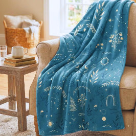 Boho Celestial Botanical Dusty Blue Kuscheldecke Fleecedecke