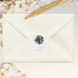 Boho Celestial Moon Floral Wedding Address Quadratischer Aufkleber