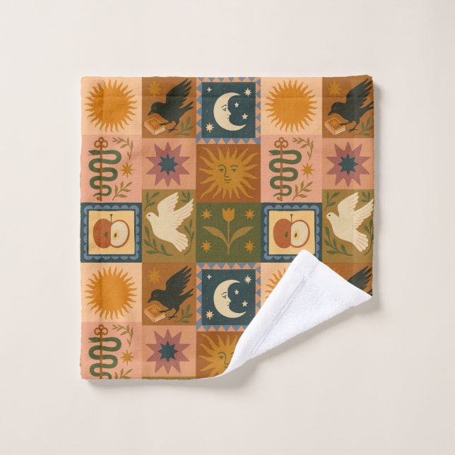 Boho Celestial | Retro Sonne & Mond Badhandtuch Set (Waschlappen)