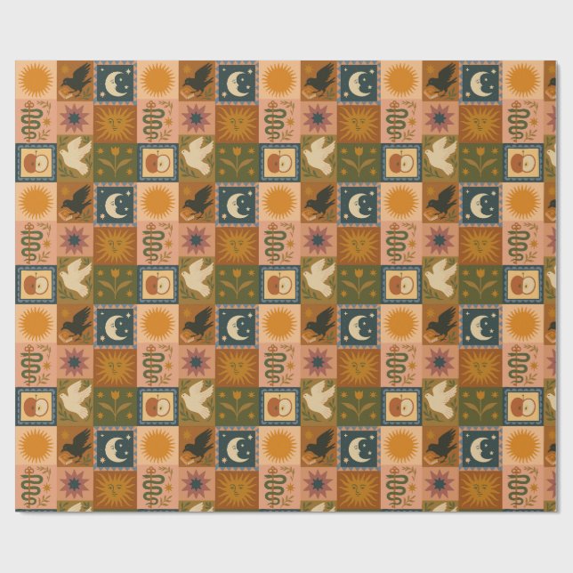 Boho Celestial | Retro Sonne & Mond Geschenkpapier (Flach)
